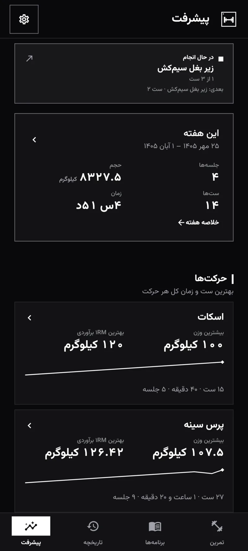 صفحهٔ پیشرفت کلی با کارت هفته و بهترین رکورد هر حرکت